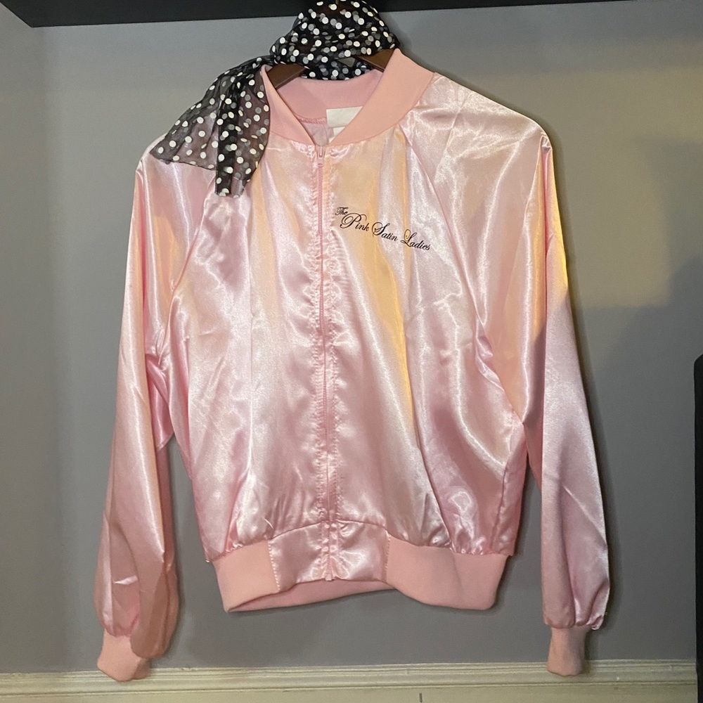 Pink Satin Ladies Grease Jacket, with Ascot Tie